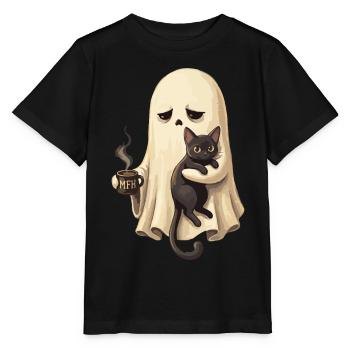 Ghost cat with coffee cup - Stanley/Stella MINI CREATOR Kids’ T-Shirt - black - Front - Mikhail (115cm)
