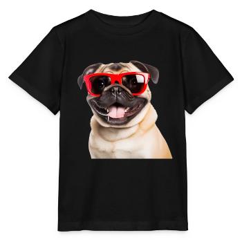 Cool pug with red sunglasses - Stanley/Stella MINI CREATOR Kids’ T-Shirt - black - Front - Mikhail (115cm)