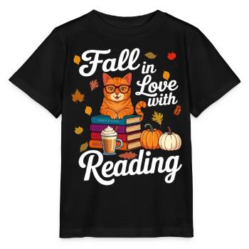 Cat Reading Books Autumn Pumpkin - Book Lover - Stanley/Stella MINI CREATOR Kids’ T-Shirt - black - Front - Mikhail (115cm)