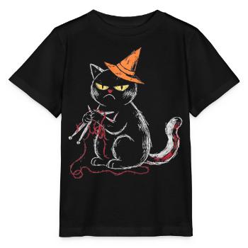 Schwarze Mürrische Katze Stricken Hexenhut T-Shirt - Stanley/Stella Kinder T-Shirt MINI CREATOR  - Schwarz - Vorne - Mikhail (115cm)