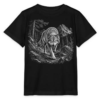 Wild wolf in mountain landscape in engraving style - Stanley/Stella MINI CREATOR Kids’ T-Shirt - black - Front - Mikhail (115cm)