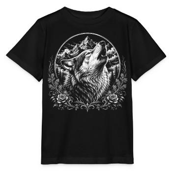 Howling wolf in mountain landscape in engraving style - Stanley/Stella MINI CREATOR Kids’ T-Shirt - black - Front - Mikhail (115cm)