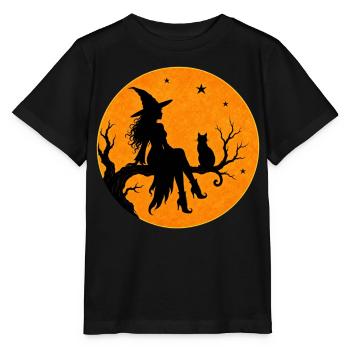 Halloween Hexe mit Katze im Vollmond T-Shirt Motiv - Stanley/Stella Kinder T-Shirt MINI CREATOR  - Schwarz - Vorne - Mikhail (115cm)
