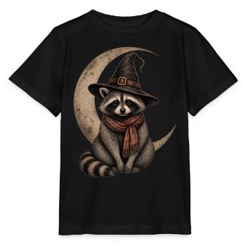 Halloween Waschbär mit Halbmond und Hexenhut - Stanley/Stella Kinder T-Shirt MINI CREATOR  - Schwarz - Vorne - Mikhail (115cm)