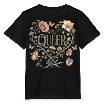Queer Floral Heart T-Shirt LGBTQ Pride Vintage - Stanley/Stella MINI CREATOR Kids’ T-Shirt - black - Front - Mikhail (115cm)