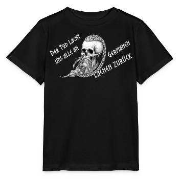 WikingerTotenkopf mit Zöpfen und Schrift - Stanley/Stella Kinder T-Shirt MINI CREATOR  - Schwarz - Vorne - Mikhail (115cm)