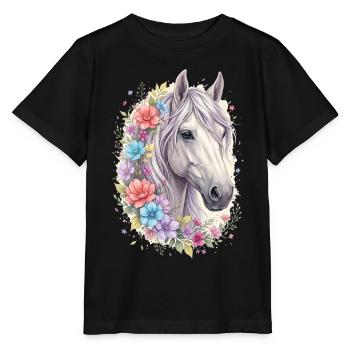 Blumiger Pferdekopf Pastell - Stanley/Stella Kinder T-Shirt MINI CREATOR  - Schwarz - Vorne - Mikhail (115cm)