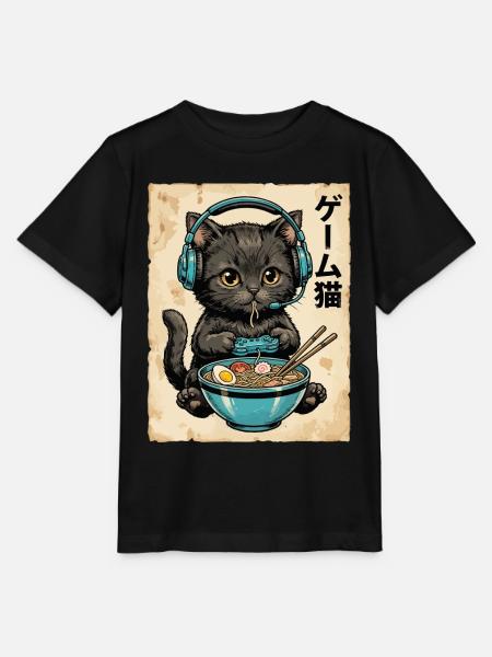 Gamer-Katze mit Ramen und Headset - Stanley/Stella Kinder T-Shirt MINI CREATOR - Schwarz