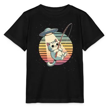 Kosmische Katze UFO-Angeln Retro Sonnenuntergang - Stanley/Stella Kinder T-Shirt MINI CREATOR  - Schwarz - Vorne - Mikhail (115cm)