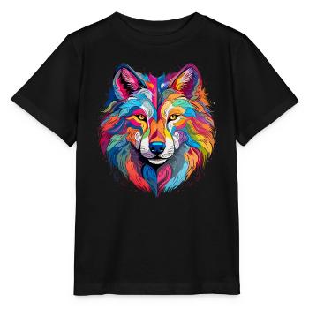 Bunter Wolf – farbiges Tiermotiv - Stanley/Stella Kinder T-Shirt MINI CREATOR  - Schwarz - Vorne - Mikhail (115cm)