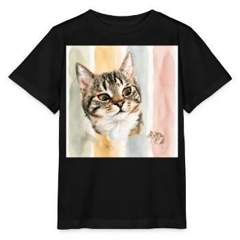 Pastellkatze Aquarellstreifen Katze Maus - Stanley/Stella Kinder T-Shirt MINI CREATOR  - Schwarz - Vorne - Mikhail (115cm)