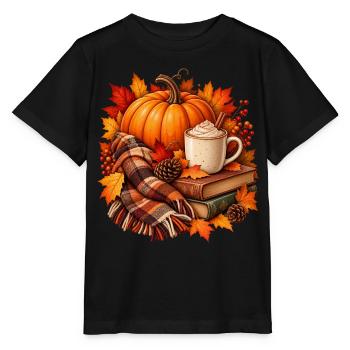 Herbstliche gemütliche Kürbis-Latte-Szene - Stanley/Stella Kinder T-Shirt MINI CREATOR  - Schwarz - Vorne - Mikhail (115cm)