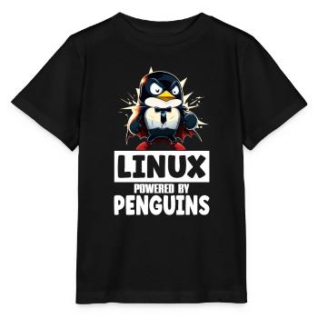 Linux Tux Penguin Powered by Sudo Superhero - Stanley/Stella Kinder T-Shirt MINI CREATOR  - Schwarz - Vorne - Mikhail (115cm)