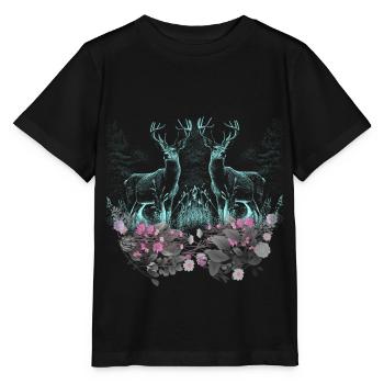 Hirsch Hirsche Wild Blumen Natur Waldtiere Rehbock - Stanley/Stella Kinder T-Shirt MINI CREATOR  - Schwarz - Vorne - Mikhail (115cm)