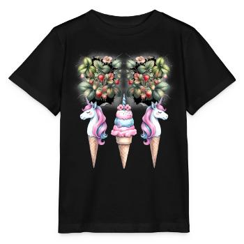 Erdbeeren Einhorn Eiscrem Eis Teenie Kinder Kind - Stanley/Stella Kinder T-Shirt MINI CREATOR  - Schwarz - Vorne - Mikhail (115cm)