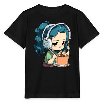 Girl with headphones listens to music and eats cereal - Stanley/Stella MINI CREATOR Kids’ T-Shirt - black - Front - Mikhail (115cm)