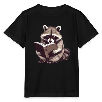 Lesender Waschbär mit Buch - Stanley/Stella Kinder T-Shirt MINI CREATOR  - Schwarz - Vorne - Mikhail (115cm)