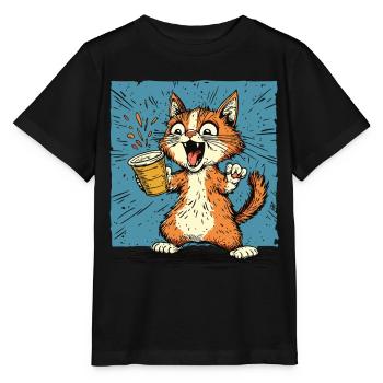 Chat excité avec du café dans le style comique - T-shirt bio MINI CREATOR Stanley/Stella Enfant - noir - Devant - Mikhail (115cm)