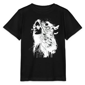 Black and White Hippie Portrait Woman with Flowers - Stanley/Stella MINI CREATOR Kids’ T-Shirt - black - Front - Mikhail (115cm)