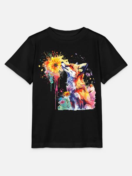 Fuchs mit Aquarellblume, Fuchs - Stanley/Stella Kinder T-Shirt MINI CREATOR - Schwarz