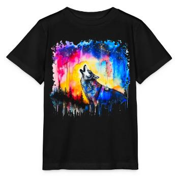 Loup aquarelle - T-shirt bio MINI CREATOR Stanley/Stella Enfant - noir - Devant - Mikhail (115cm)
