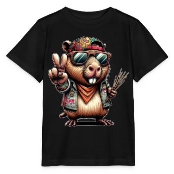 Capybara Peacezeichen - Stanley/Stella Kinder T-Shirt MINI CREATOR  - Schwarz - Vorne - Mikhail (115cm)