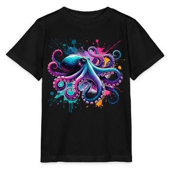 Bunter Aquarell-Oktopus - Stanley/Stella Kinder T-Shirt MINI CREATOR  - Schwarz - Vorne - Mikhail (115cm)