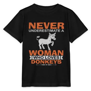Ne sous-estimez jamais une femme qui aime les ânes - T-shirt bio MINI CREATOR Stanley/Stella Enfant - noir - Devant - Mikhail (115cm)