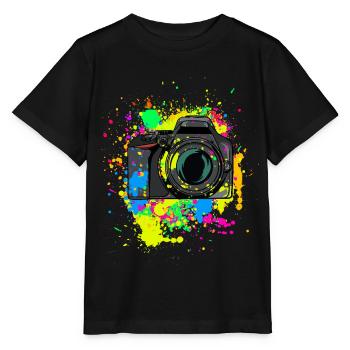 Colorful camera gift for photographers of paint blobs - Stanley/Stella MINI CREATOR Kids’ T-Shirt - black - Front - Mikhail (115cm)