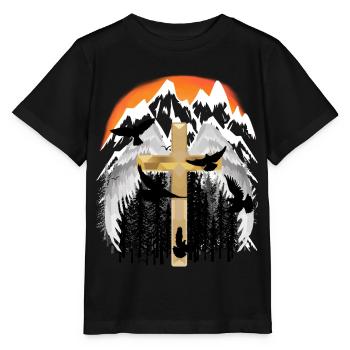 Kreuz Gebirge Berge Gipfel Trauer Tod Jesus Gott - Stanley/Stella Kinder T-Shirt MINI CREATOR  - Schwarz - Vorne - Mikhail (115cm)