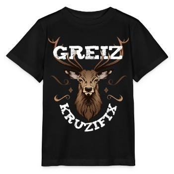 Greiz Kruzifix Fluchen bayrischer Dialekt Hirsch - Stanley/Stella Kinder T-Shirt MINI CREATOR  - Schwarz - Vorne - Mikhail (115cm)
