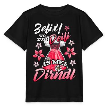 Zefix Wo zum Deifi is mei Dirndl Trachtenshirt - Stanley/Stella Kinder T-Shirt MINI CREATOR  - Schwarz - Vorne - Mikhail (115cm)