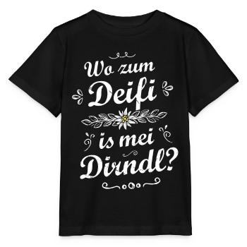 Wo zum Deifi is mei Dirndl Sprüche Trachtenshirt - Stanley/Stella Kinder T-Shirt MINI CREATOR  - Schwarz - Vorne - Mikhail (115cm)