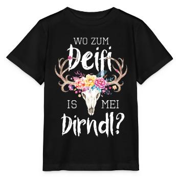 Wo zum Deifi is mei Dirndl Hirsch Trachtenshirt - Stanley/Stella Kinder T-Shirt MINI CREATOR  - Schwarz - Vorne - Mikhail (115cm)