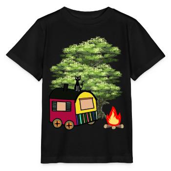 Hippie Bauwagen Natur Wildnis Katze Hütte Haus - Stanley/Stella Kinder T-Shirt MINI CREATOR  - Schwarz - Vorne - Mikhail (115cm)