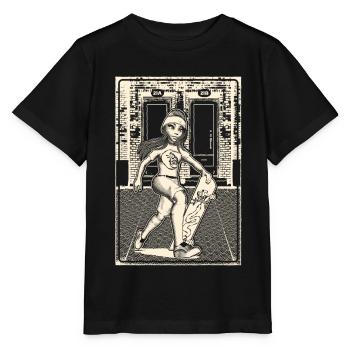 Girl with skateboard in front of brick masonry. - Stanley/Stella MINI CREATOR Kids’ T-Shirt - black - Front - Mikhail (115cm)