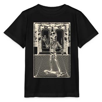 Skelett mit Skateboard vor Backsteinmauerwerk - Stanley/Stella Kinder T-Shirt MINI CREATOR  - Schwarz - Vorne - Mikhail (115cm)