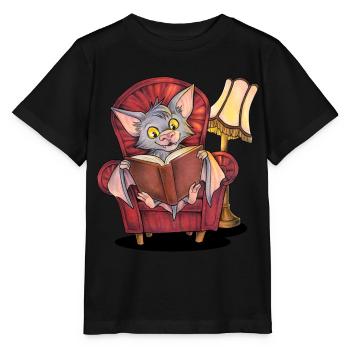 Niedliche Lesende Fledermaus mit Buch im Sessel - Stanley/Stella Kinder T-Shirt MINI CREATOR  - Schwarz - Vorne - Mikhail (115cm)