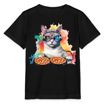 Outer Space Cat Pizza Disc Jockey - Interstellar - Stanley/Stella MINI CREATOR Kids’ T-Shirt - black - Front - Mikhail (115cm)