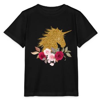 Licorne licorne paillettes d'or fleurs cadeau animal - T-shirt bio MINI CREATOR Stanley/Stella Enfant - noir - Devant - Mikhail (115cm)