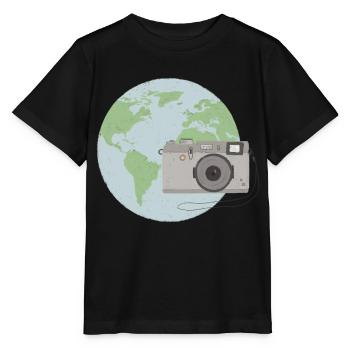 Weltkugel mit Kamera - Stanley/Stella Kinder T-Shirt MINI CREATOR  - Schwarz - Vorne - Mikhail (115cm)