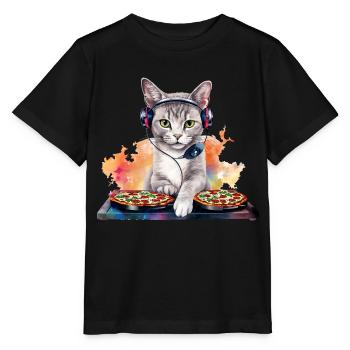 Outer Space Cat Pizza Disc Jockey - Interstellar - Stanley/Stella MINI CREATOR Kids’ T-Shirt - black - Front - Mikhail (115cm)