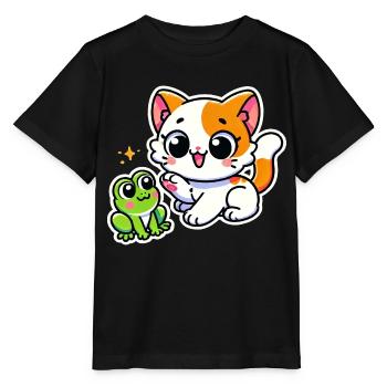 Cute ginger white Cat met a frog - Stanley/Stella MINI CREATOR Kids’ T-Shirt - black - Front - Mikhail (115cm)