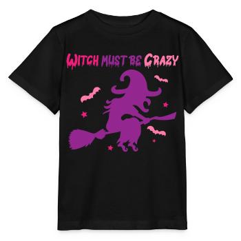 Halloween Crazy Witch Flies on Brooms - Stanley/Stella MINI CREATOR Kids’ T-Shirt - black - Front - Mikhail (115cm)