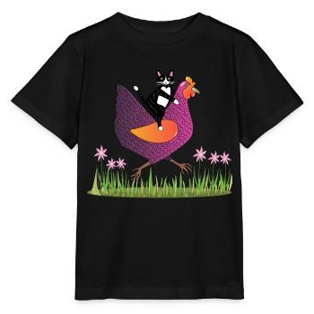 Hen Rider - Katze auf Huhn - Geschenkidee - Stanley/Stella Kinder T-Shirt MINI CREATOR  - Schwarz - Vorne - Mikhail (115cm)