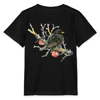 Liebevoll gemalte Amsel auf einem Apfelzweig - Stanley/Stella Kinder T-Shirt MINI CREATOR  - Schwarz - Vorne - Mikhail (115cm)