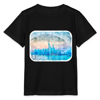 Shanghai China Aquarell Skizze Illustration - Stanley/Stella Kinder T-Shirt MINI CREATOR  - Schwarz - Vorne - Mikhail (115cm)