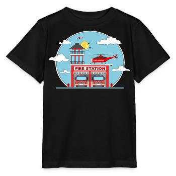 Fire Station with Helicopter and Fire Engine - Stanley/Stella Kinder T-Shirt MINI CREATOR  - Schwarz - Vorne - Mikhail (115cm)