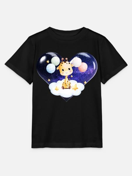 Bébé girafe avec nuage étoiles ballons et coeur - T-shirt bio MINI CREATOR Stanley/Stella Enfant - noir
