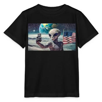 extraterrestre gris sur la surface de la lune – faire des selfies - T-shirt bio MINI CREATOR Stanley/Stella Enfant - noir - Devant - Mikhail (115cm)